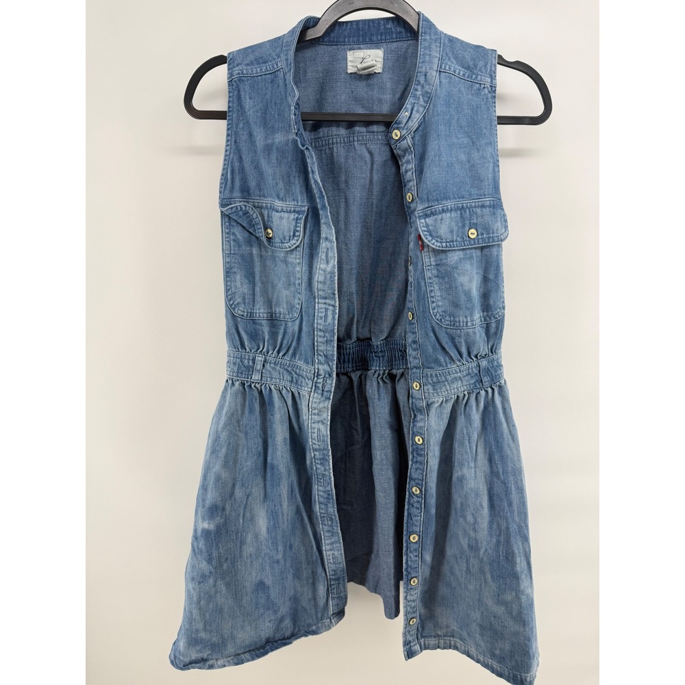 Levis Womens Blue Denim Sleeveless Button Down Elastic Waist Shirt Dress Small